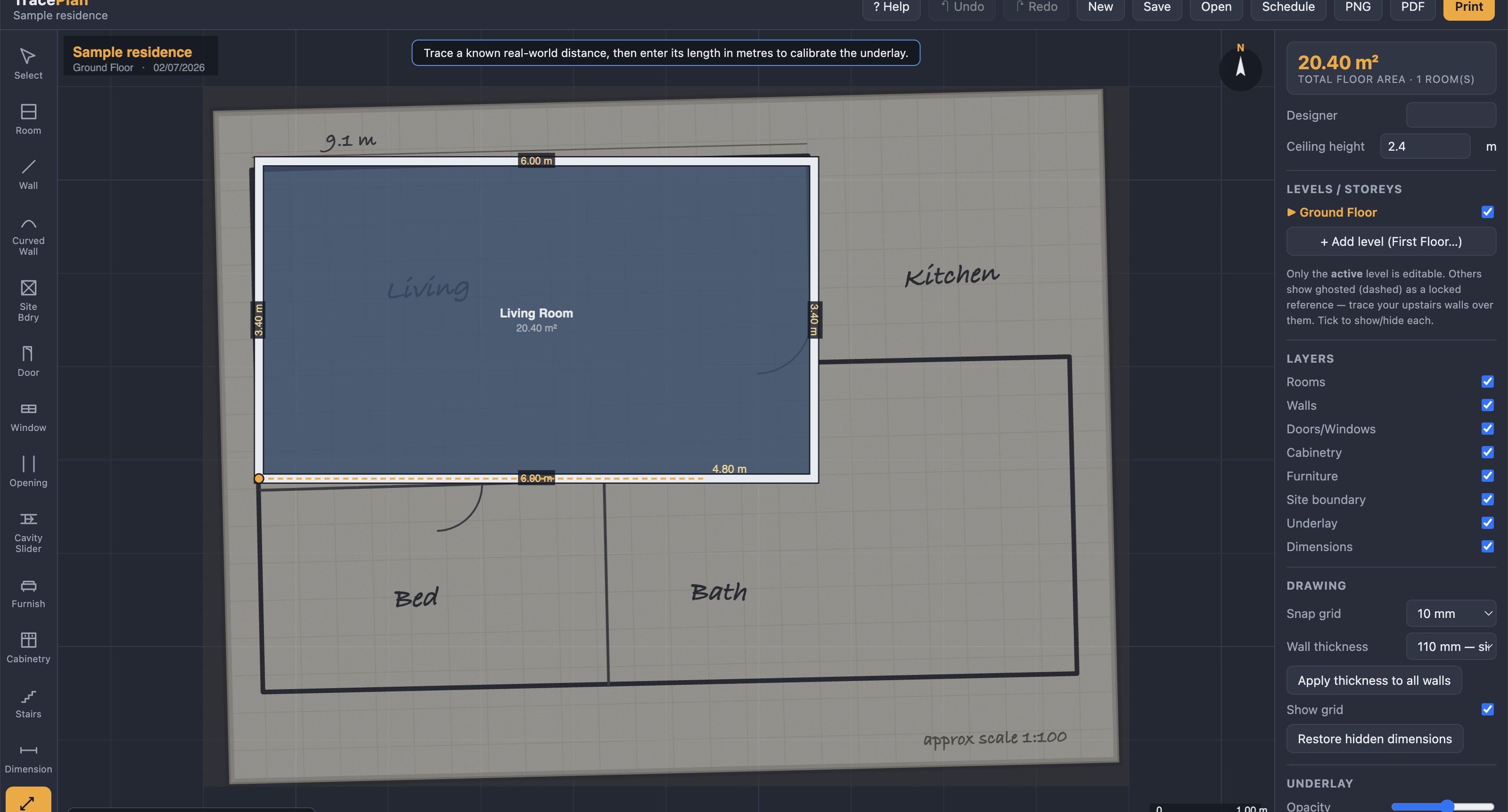 Tracing a floor plan over a photo underlay with scale calibration in progress
