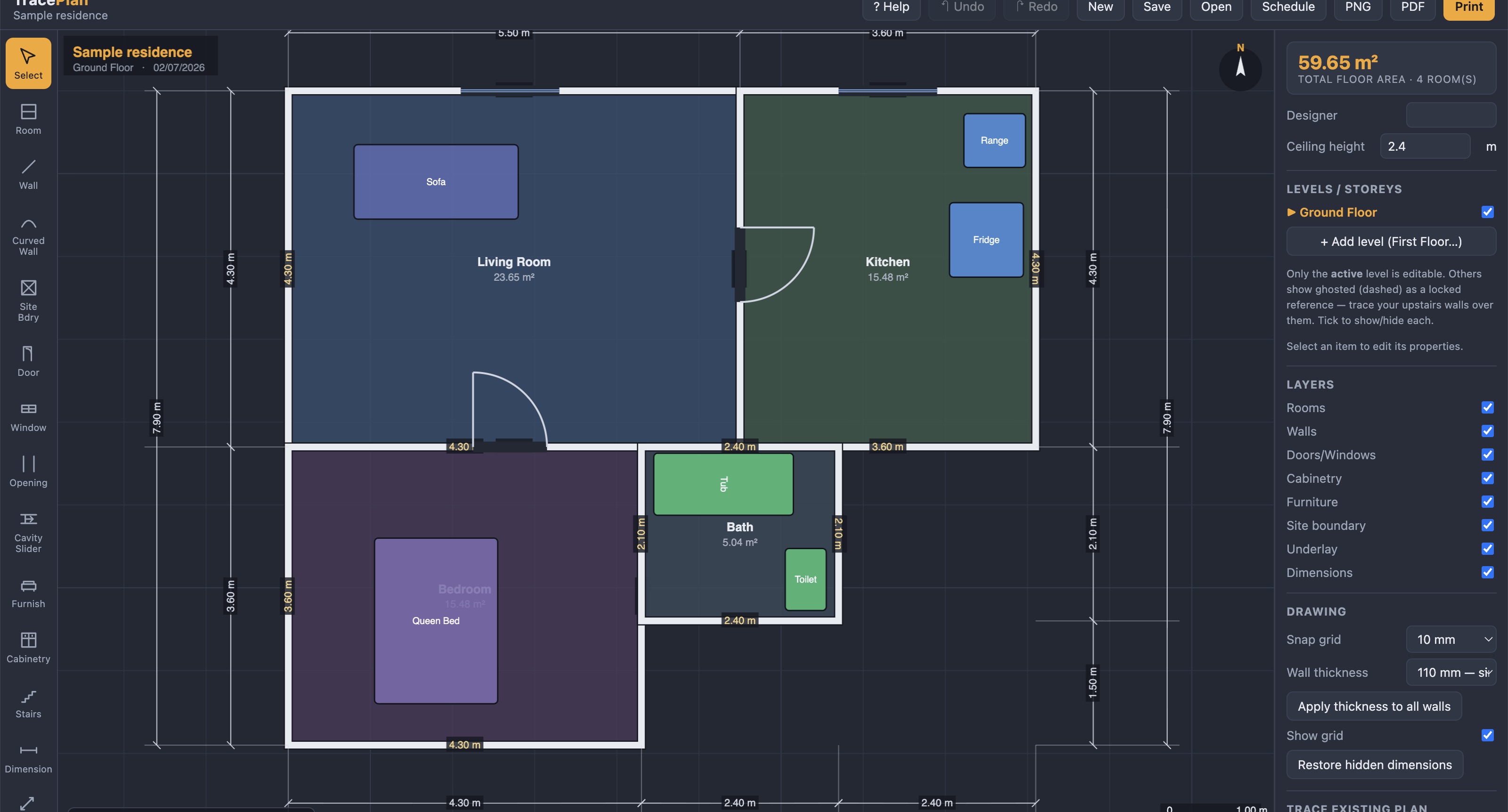 TracePlan finished floor plan with dimensions and furniture