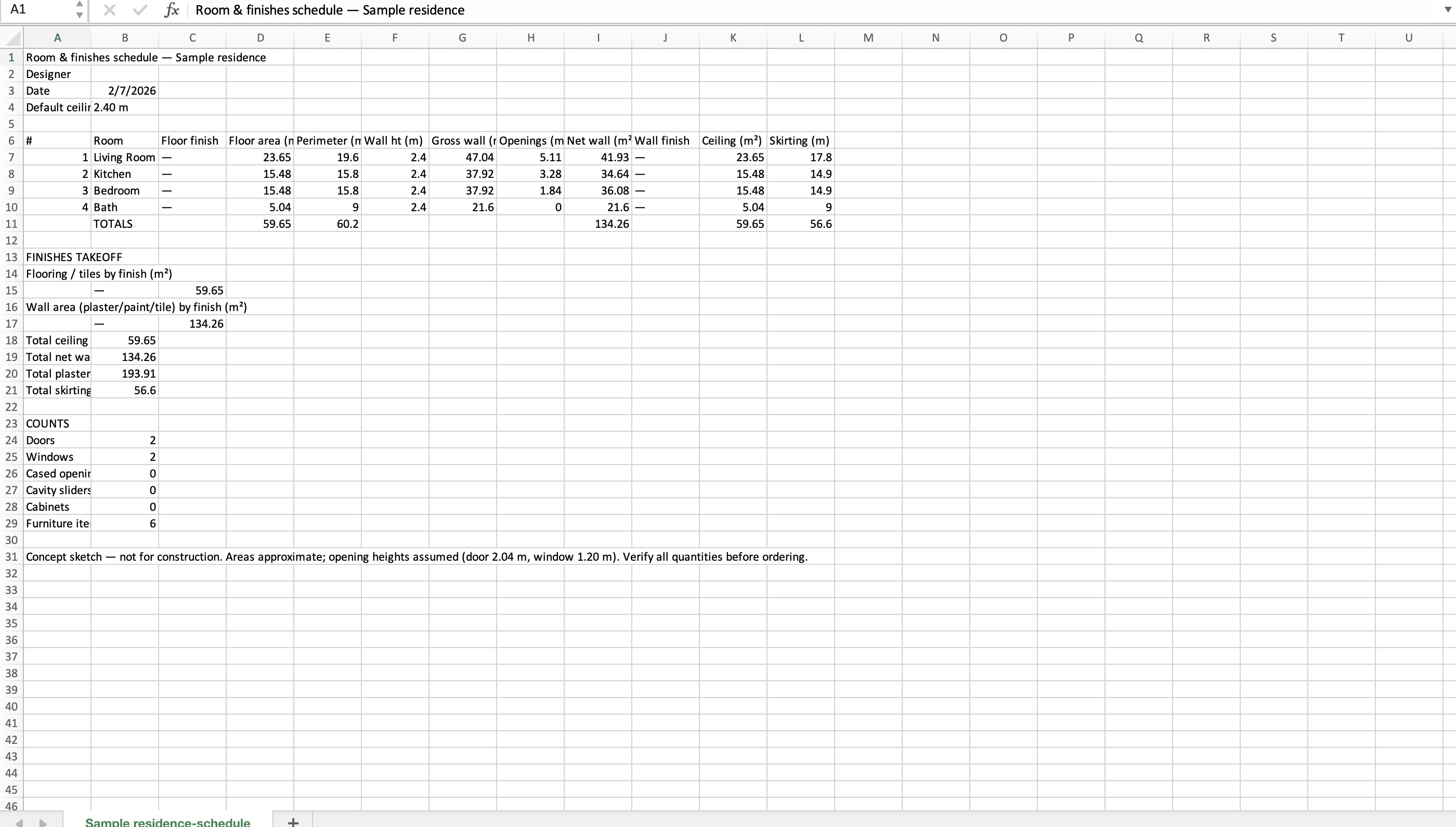 Exported room and finishes schedule CSV opened in a spreadsheet